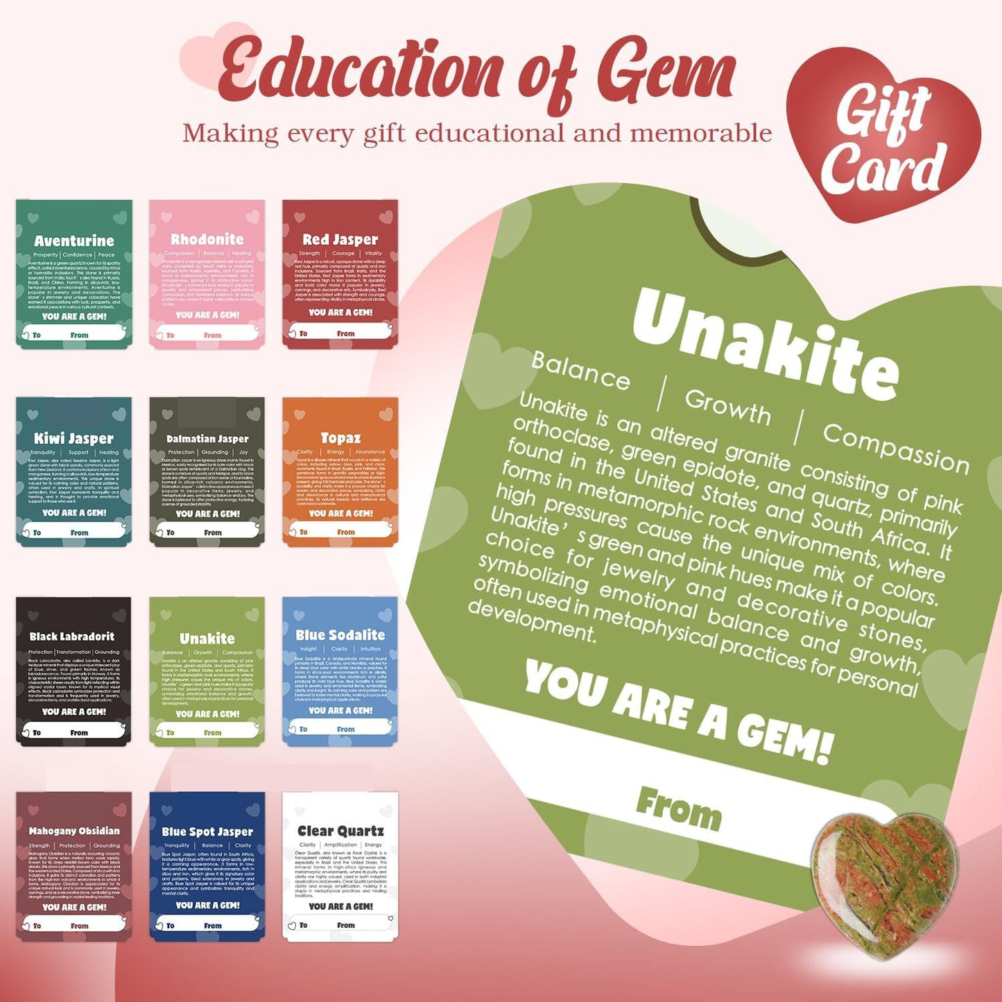 Valentine's Day Gem Gifts for Kids&Adults – 24 Pack Prefilled Cards with Heart-Shaped Gemstones