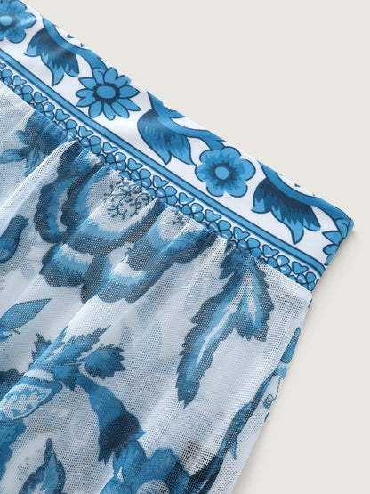 Two-Piece Floral Print Ruched Mesh Swimsuit, Sarong