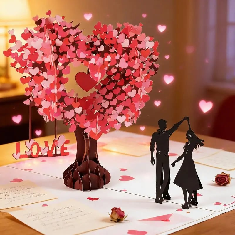 3D Pop-Up Anniversary Card - Romantic Love Tree & Hearts Design💌